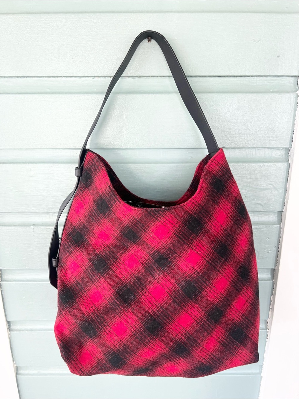 J Jill red black plaid buffalo check shoulder bag tote wool leather fall classic